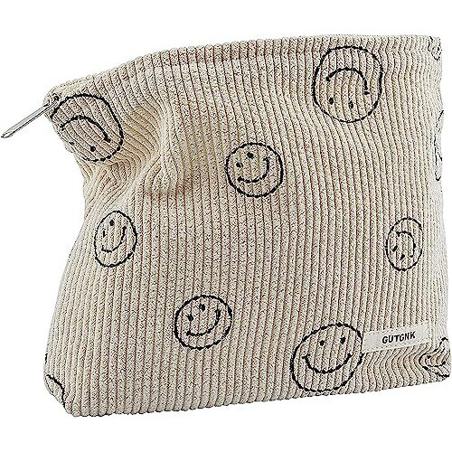 Inralimot Cosmetic Bags For Women - Corduroy Cosmetic Bag Aesthetic Women Handbags Purses Smile Dots Makeup Organizer Storage Makeup Bag Girls Case Bags (Beige) 25 X 5 X 18 Cm Small
