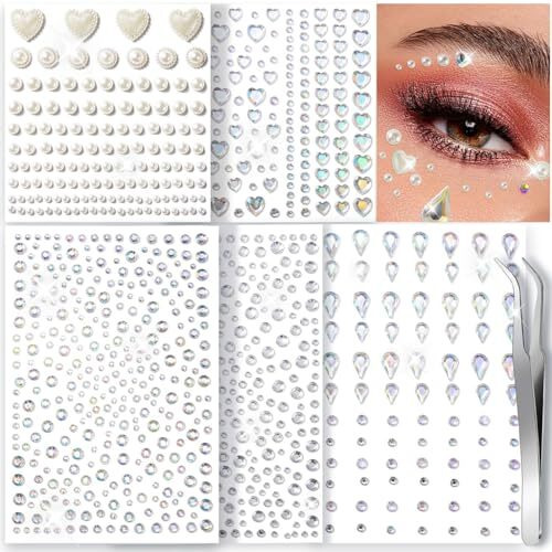 Maycreate Face Rhinestones For Makeup, Self Adhesive Face Gems, Pearls Rhinestone Stickers Face Jewels, Raindrop Heart Face Crystal Stone With Tweezer For Diy Crafts (Assorted Sizes & Shapes)
