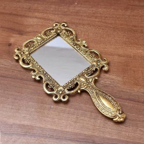 Kridaykraft Beautifully Carved Square Shape Gold Plating Metal Hand Mirror For Makeup, Travelling, Salon Mirror & Decorative Antique Item, Framed