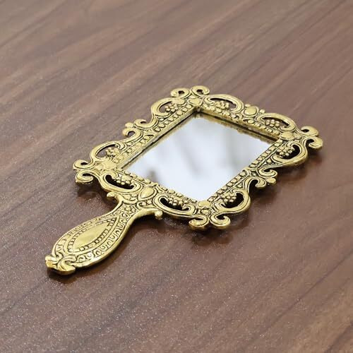 Kridaykraft Beautifully Carved Square Shape Gold Plating Metal Hand Mirror For Makeup, Travelling, Salon Mirror & Decorative Antique Item, Framed
