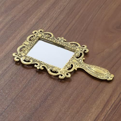 Kridaykraft Beautifully Carved Square Shape Gold Plating Metal Hand Mirror For Makeup, Travelling, Salon Mirror & Decorative Antique Item, Framed