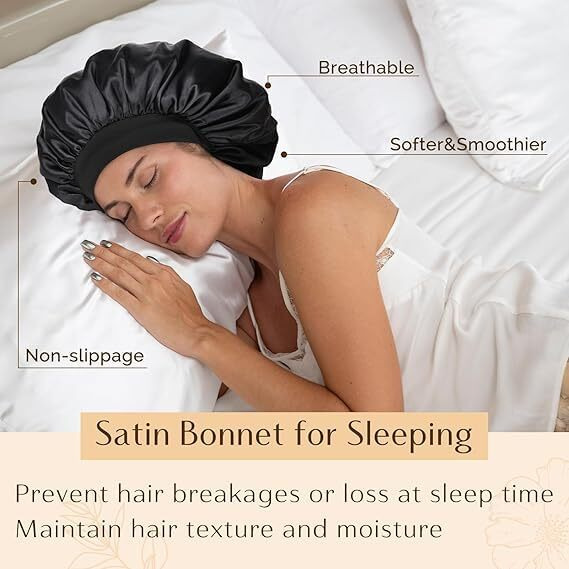 Silk Bonnet For Hair - Adjustable Cap For Sleeping, Satin Bonnet For Curly Hair With Soft Jersey Fabric Band, Stylish And Comfy For Men And Women (Black)