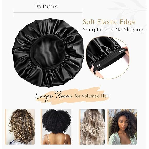 Silk Bonnet For Hair - Adjustable Cap For Sleeping, Satin Bonnet For Curly Hair With Soft Jersey Fabric Band, Stylish And Comfy For Men And Women (Black)