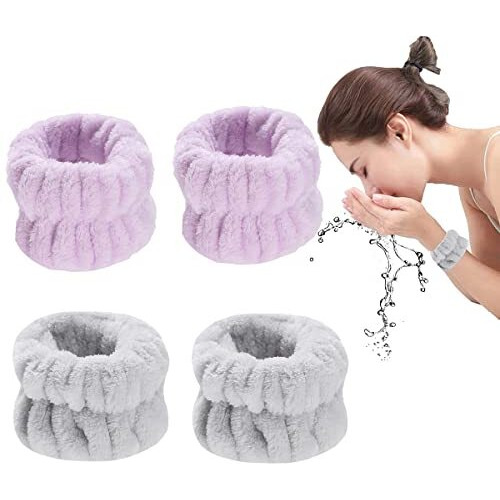 Maycreate 2 Pairs Spa Wrist Band For Women, Face Wash Wristband Hand Band For Women Girls, Super Absorbent Skincare Facial Wrist Towel Band For Face Washing, Yoga, Fitness (Purple+ Gray)