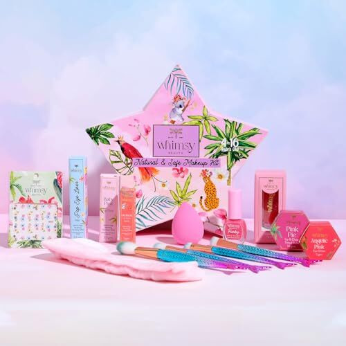 Whimsy 14-Piece Organic Makeup Kit For Girls & Teens | Real & Non-Toxic Beauty Set | Safe Toy Makeup With Lip Balm, Eye Glitter, Eyeliner, Lip Gloss & Mermaid Accessories | Birthday Gift For Kids 4-16 Years