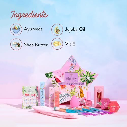 Whimsy 14-Piece Organic Makeup Kit For Girls & Teens | Real & Non-Toxic Beauty Set | Safe Toy Makeup With Lip Balm, Eye Glitter, Eyeliner, Lip Gloss & Mermaid Accessories | Birthday Gift For Kids 4-16 Years