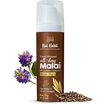 Nat Habit All Day Face Cream, Fresh Whipped Flax Bakuchi Face Malai With Vitamins E, C & Omega+ For Hot Dry Weather Face Moisturization & Sun Protection (Ages 35+, 30G)