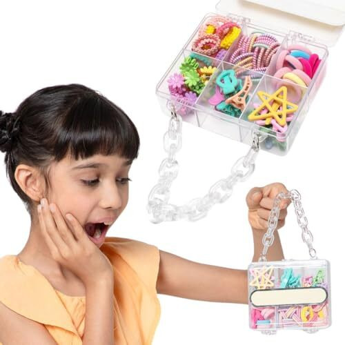 Radhu & Kabby Assorted Colourful Hair Accessories Set For Kids | Transparent Purse With Handle | Includes Hair Ties, Clips, Mini-Clutchers For Easy Styling | Multicolour