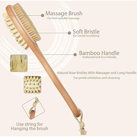Rustic Rituals Wooden Double-Sided Bath Brush With Massager And Long Handle | Natural Bristles | Dry Brushing Removes Dead Skin, Treats Cellulite & Stimulates Blood Flow