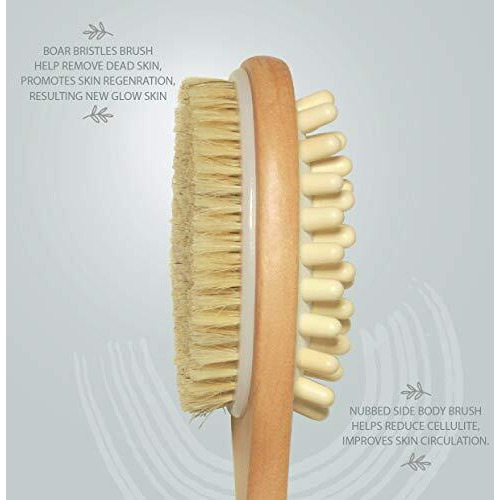 Rustic Rituals Wooden Double-Sided Bath Brush With Massager And Long Handle | Natural Bristles | Dry Brushing Removes Dead Skin, Treats Cellulite & Stimulates Blood Flow