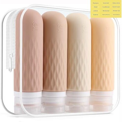 Voroly Travel Bottles Kit For Toiletries Organizer 90Ml Tsa Approved Silicone Containers Portable Split Bottle Accessories For Conditioner Shampoo Lotion - 4 Pack (Chex, Beige)