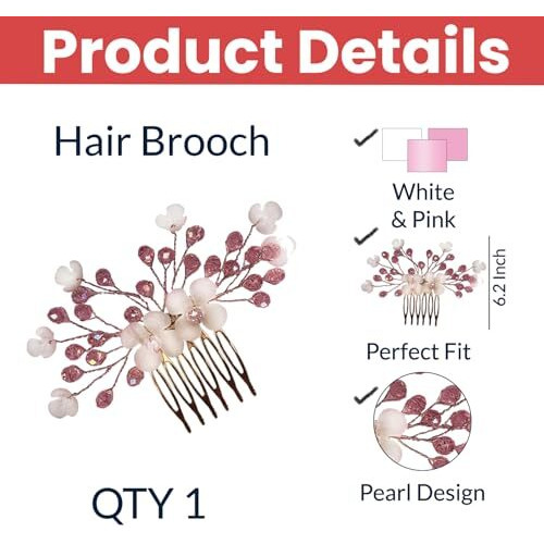 Temperia Hair Accessories For Women's & Girls - Stylish Artificial Flowers & Crystal Pearls Bun Juda Bridal Brooch For Hairstyle & Decoration - Pins & Clips For Style Of Bride (Pink & White)