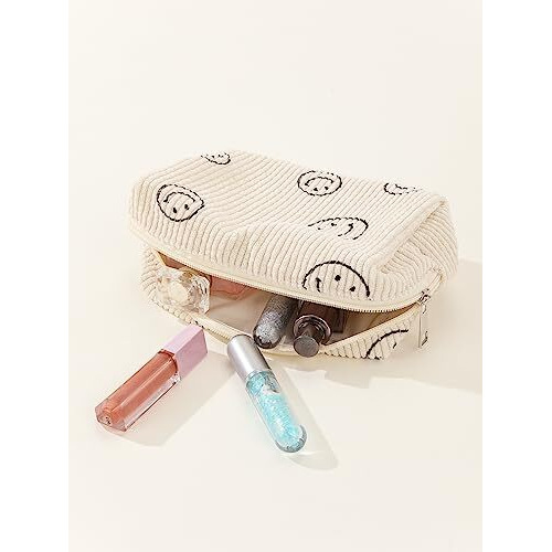 Street27 2Pcs Corduroy Cosmetic Bag Cute Travel Makeup Bag Smile Face Makeup Zipper Pouch Travel Toiletry Bag For Women Aesthetic Makeup Brushes Storage Bag Organizer - 25X18Cm (A)