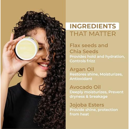 Ashba Botanics Flaxseed Curling Custard For Wavy, Curly, Frizzy & Coily Hair | Argan, Avacado Oil, Shea Butter | Provides Moisture, Controls Frizz, Strong Hold | Phthalates & Parabens Free (Ml, 50)