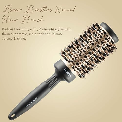 Rozia Pro Boar Bristles Round Hair Brush, Thermal Ceramic & Ionic Tech, Roller Hair Brush For Blow Drying, Curling, Straightening, Add Volume & Shine (44 Mm)