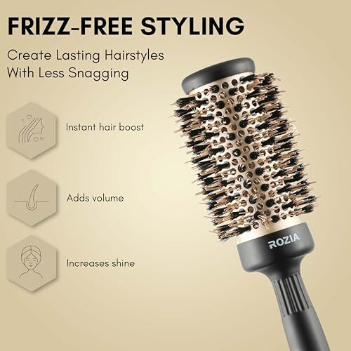 Rozia Pro Boar Bristles Round Hair Brush, Thermal Ceramic & Ionic Tech, Roller Hair Brush For Blow Drying, Curling, Straightening, Add Volume & Shine (44 Mm)