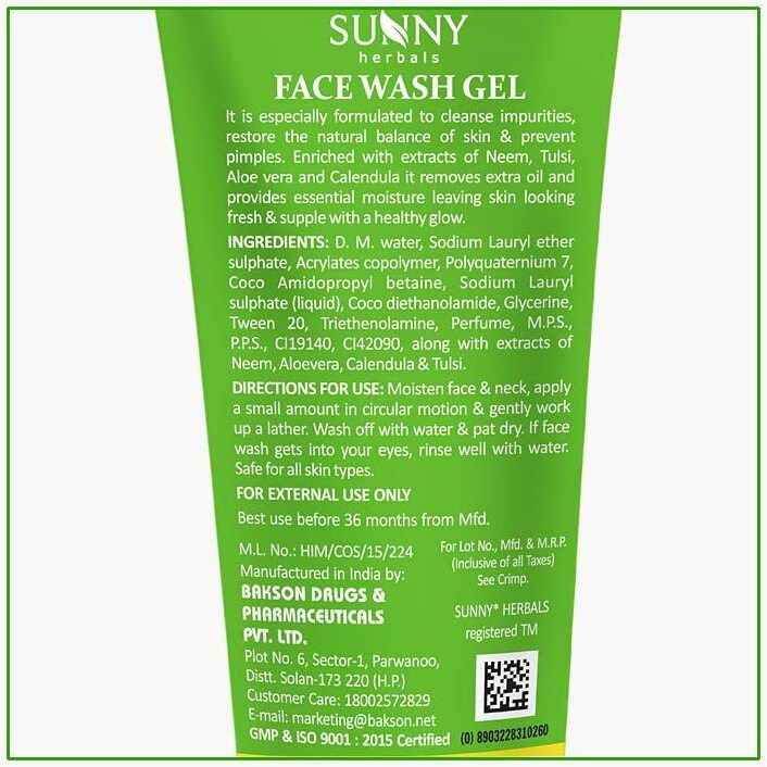 Sunny Herbals Face Wash Gel Enriched With Aloevera, Neem & Tulsi | For Cleansing, Preventing Pimples & Removing Extra Oil | Moisturizes & Gives Healthy, Fresh & Supple Skin | For All Skin Type, 110Ml (Pack Of 2)