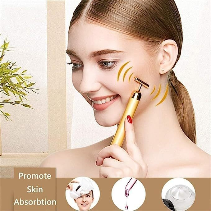Zyllenza 24K Gold Massager Electric Vibration Energy Beauty Bar Facial Massage For Roller Waterproof Face Skin Care T-Shaped Anti Wrinkle For Forehead, Cheek,Neck,Clavicle Arm Leg