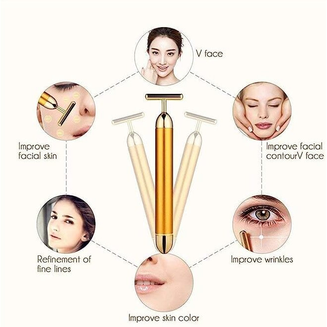 Zyllenza 24K Gold Massager Electric Vibration Energy Beauty Bar Facial Massage For Roller Waterproof Face Skin Care T-Shaped Anti Wrinkle For Forehead, Cheek,Neck,Clavicle Arm Leg