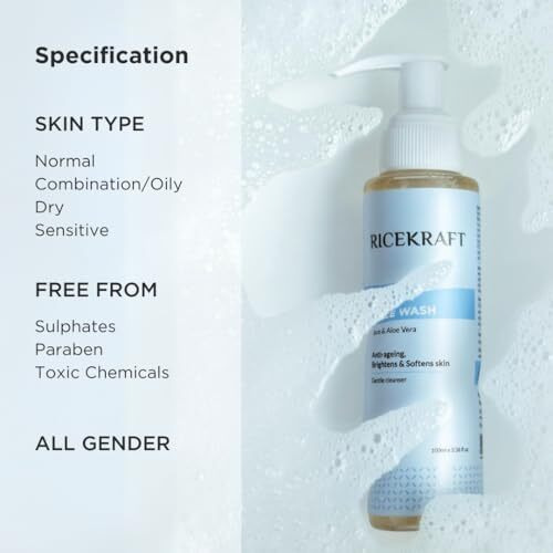 Ricekraft Rice Water Face Wash | Korean Cleanser | Rice & Aloe Vera | Anti-Aging | Brightens & Softens Skin | Paraben Free | Cruelty-Free | For Men And Women | All Skin Types, 100Ml