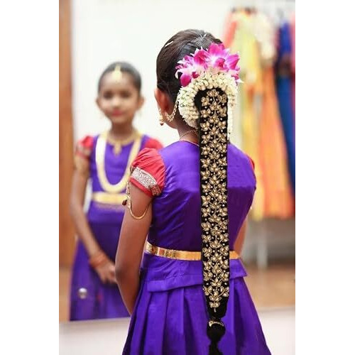 Vama Fashions Traditional Classical Maggam Work Hair Choti Pulajada Paranda Ornaments Bharatanatyam Poola Jada Jadai Alangaram Kuchipudi Savaram For Kids Girls, Golden