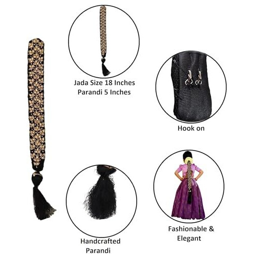 Vama Fashions Traditional Classical Maggam Work Hair Choti Pulajada Paranda Ornaments Bharatanatyam Poola Jada Jadai Alangaram Kuchipudi Savaram For Kids Girls, Golden