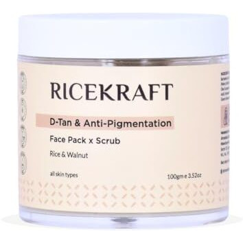 Ricekraft Twin Action De Tan Face Pack Plus Scrub With Rice And Walnut For Tan Removal, Glowing And Exfoliating Skin | Face Mask For Korean Glow, For Oily Skin, Acne & Pimples | All Skin Types, For Men And Women - 100 Gm