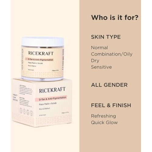 Ricekraft Twin Action De Tan Face Pack Plus Scrub With Rice And Walnut For Tan Removal, Glowing And Exfoliating Skin | Face Mask For Korean Glow, For Oily Skin, Acne & Pimples | All Skin Types, For Men And Women - 100 Gm