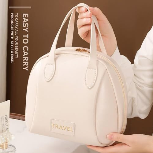 Welpel Leather Travel Cosmetic Bag For Women - Waterproof Makeup Organizer With Handle, Portable Toiletry Bag For Daily Essentials, Skincare, And Beauty Accessories - Compact, Stylish Design (White)