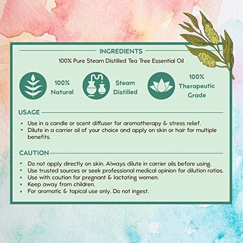 Nat Habit 100% Pure Tea Tree Essential Oil With Melaleuca Alternifolia For Hair & Skin, Steam Distilled,Diffuser Oil, Natural & Therapeutic Grade - 15 Ml