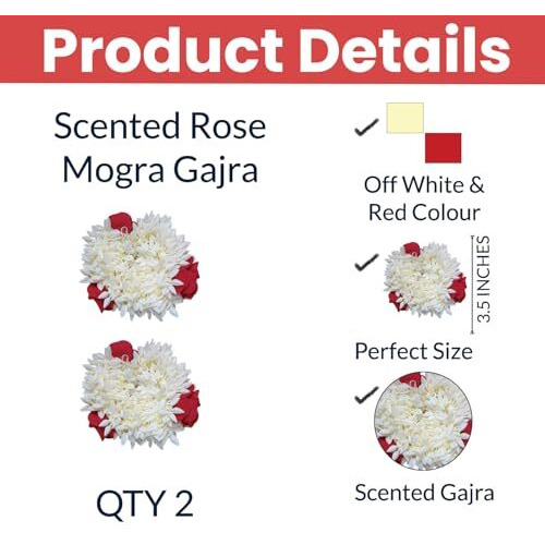 Temperia (2 Pcs) Scented Mogra Gajra Hair Accessories For Women & Girls - Hair Flower Bun Artificial Fake Gajra Scrunchies Rubber Band - Premium & Voluminous, Red Petals