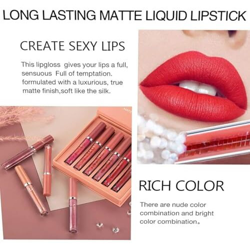Topfinder || Nude Lipstick || Lipstick Combo Pack Waterproof || Long Lasting || Velvet 6 Shades || Non Transfer Beauty Product Kit- Lip Gloss For Women, Liquid Glossy, Lipsticks Set For Women