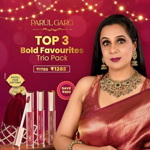Parul Garg Beauty Bold Matte Liquid Lipstick Trio  Paradise (Brown), Cherish (Rose Pink) & Delight (Berry Pink) | Smudge-Proof, Long-Lasting & Vegan | Medium To Deep Skin Tones | 2.5Ml Each | Gift Potli