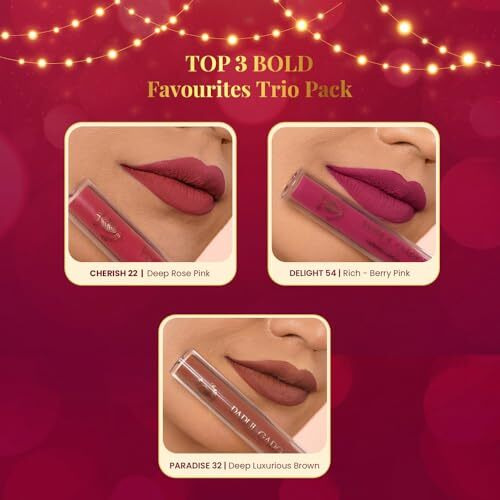 Parul Garg Beauty Bold Matte Liquid Lipstick Trio  Paradise (Brown), Cherish (Rose Pink) & Delight (Berry Pink) | Smudge-Proof, Long-Lasting & Vegan | Medium To Deep Skin Tones | 2.5Ml Each | Gift Potli