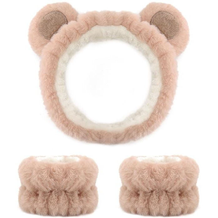 Maycreate Skincare Headband For Women & Wrist Band For Face Wash 3Pcs Combo, Cute Facial Makeup Hair Band And Wrist Bands Towel, Bear Ears Face Wash Band Spa Headband For Women Girls