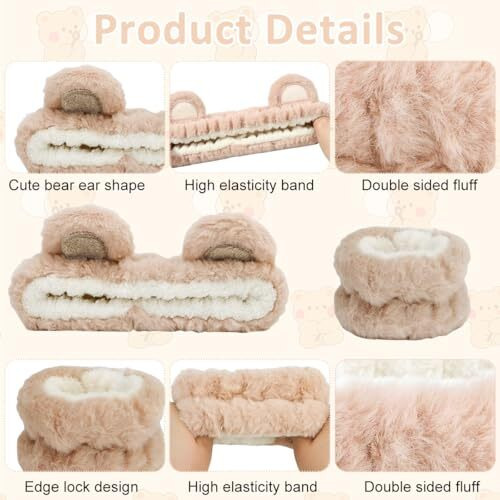 Maycreate Skincare Headband For Women & Wrist Band For Face Wash 3Pcs Combo, Cute Facial Makeup Hair Band And Wrist Bands Towel, Bear Ears Face Wash Band Spa Headband For Women Girls