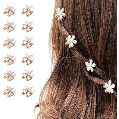 Radhu & Kabby Pearl Flower Mini Hair Claw Clips For Girls & Women | Elegant Floral Design With Strong Grip | Non-Slip & Durable | Cute Hair Accessories For Daily & Party Use | Pack Of 12 Pieces