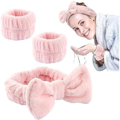 Maycreate Face Wash Headband & Wristband Set, Soft Stretchy Bowknot Headband For Women Girls, Flannel Super Absorbent Sweat Wrist Towel Band For Washing Face, Makeup, Yoga, Fitness (Pink)