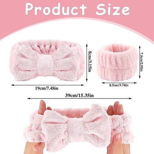 Maycreate Face Wash Headband & Wristband Set, Soft Stretchy Bowknot Headband For Women Girls, Flannel Super Absorbent Sweat Wrist Towel Band For Washing Face, Makeup, Yoga, Fitness (Pink)