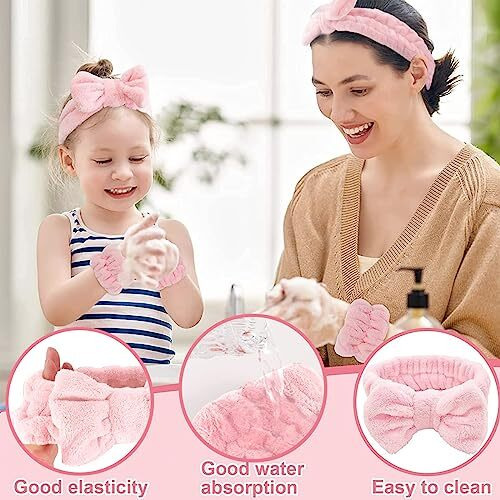 Maycreate Face Wash Headband & Wristband Set, Soft Stretchy Bowknot Headband For Women Girls, Flannel Super Absorbent Sweat Wrist Towel Band For Washing Face, Makeup, Yoga, Fitness (Pink)