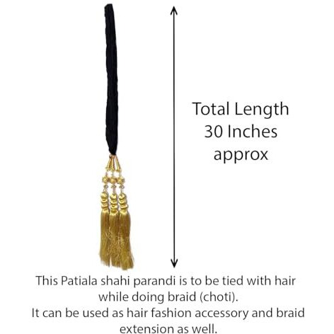 Vtn Women's Patiala Shahi Paranda/Parandi Traditional Hair Accessory Braid Tassles/Hair Extension/Choti (Black With Golden Color Hangings)