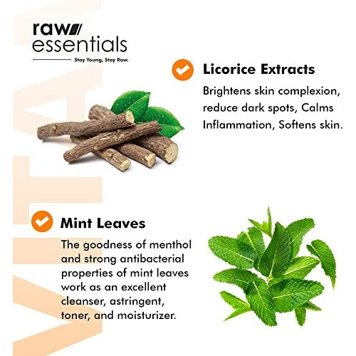 Raw Essentials Vitamin C Cleansing And Brightening Face Wash, Orange And Lemon Extracts, Aloe Vera, Vitamin E, Licorice Extracts, Mint (Menthol) For All Skin Types, (150Ml, Pack Of 1), Face Wash For Men & Women, 100% Natural Actives, Sulphate & Paraben Free