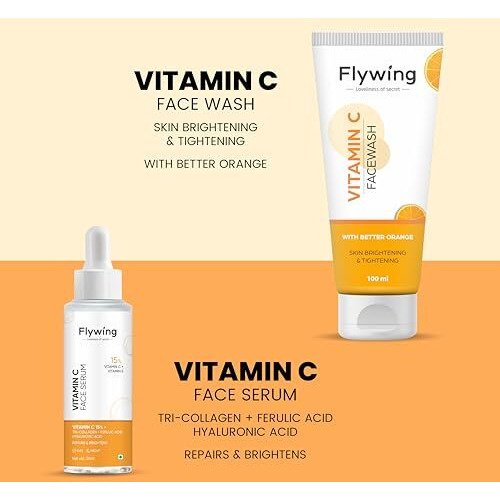 Flywing Vitamin C Brightening Combo Face Serum & Face Wash For Glowing, Even Skin | 15% Vitamin C, E, With Hyaluronic Acid | Fades Dark Spots, Controls Oil, & Reduces Dullness | For All Skin Types | 30Ml Serum + 100Ml Wash