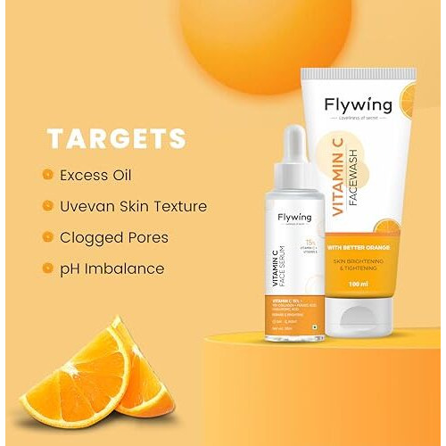 Flywing Vitamin C Brightening Combo Face Serum & Face Wash For Glowing, Even Skin | 15% Vitamin C, E, With Hyaluronic Acid | Fades Dark Spots, Controls Oil, & Reduces Dullness | For All Skin Types | 30Ml Serum + 100Ml Wash