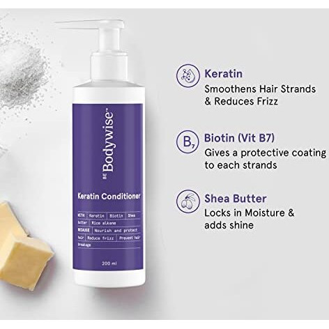Bodywise Keratin Conditioner, Paraben & Sls Free, Reduces Frizz, Locks In Moisture, Keratin, Silk Protein, Biotin & Shea Butter, 200 Millilitre - All