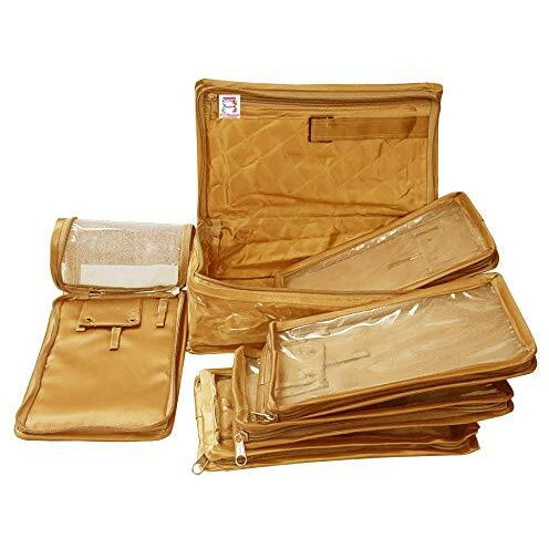 Atorakushon Satin Golden Makeup Pouches Cosmetic Necklace Earrings Vanity Jewellery Organizer For Women's
