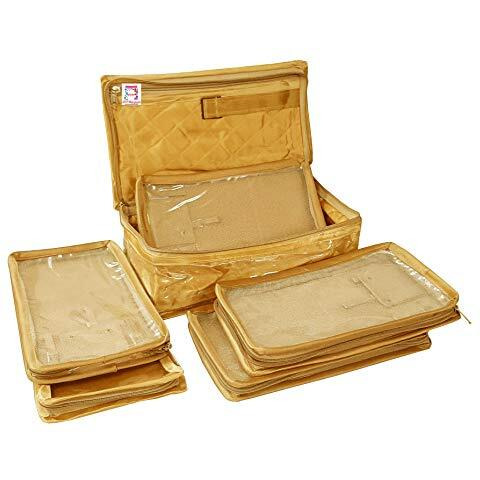Atorakushon Satin Golden Makeup Pouches Cosmetic Necklace Earrings Vanity Jewellery Organizer For Women's