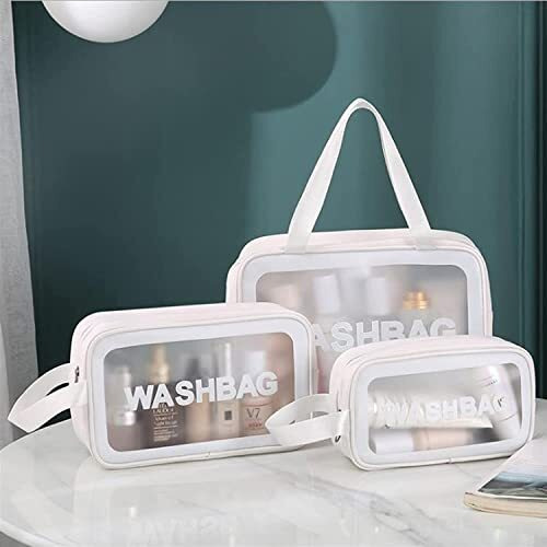 Oceanevo Makeup Travel Pouch, Cosmetic Bag, Travel Kit Pouch For Toiletries, Brushes And Cosmetics - Set Of 3 - Washbag Pouch - White