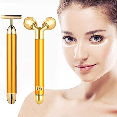 Concepta 2 In 1 Energy Beauty Bar Electric Vibration Facial Massage V Shape Roller Waterproof Face Skin Care T Shaped Anti Wrinkle Massager For Forehead Cheek Neck Clavicle Arm (Gold Colour)