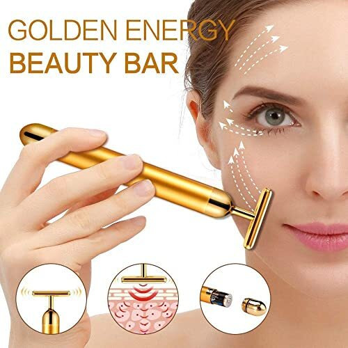 Concepta 2 In 1 Energy Beauty Bar Electric Vibration Facial Massage V Shape Roller Waterproof Face Skin Care T Shaped Anti Wrinkle Massager For Forehead Cheek Neck Clavicle Arm (Gold Colour)